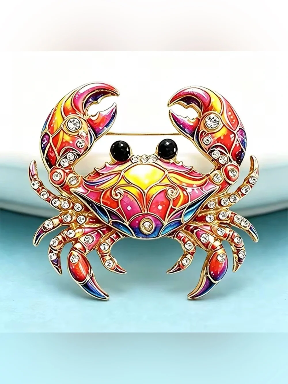 Anthropologie Colorful Enamel Crab Brooch Rhinestone Statement Coastal NWOT